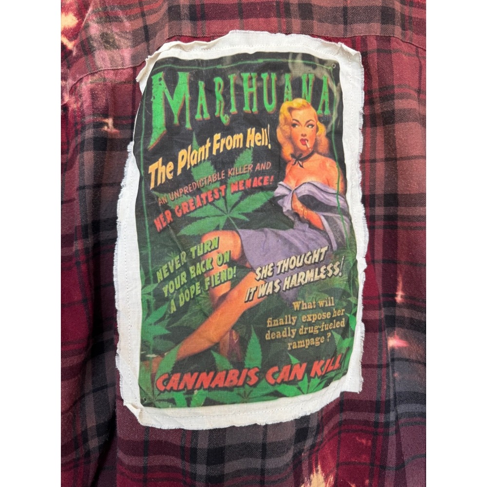 Upcycled Red Plaid Flannel Large Cannabis Patch Folk Art Shirt - Picture 4 of 7